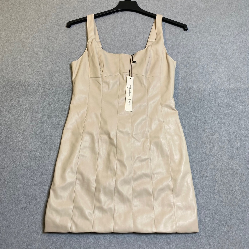 Mustard Seed Faux Leather Mini Dress Women's Medium Cream Square Neck Baddie NWT